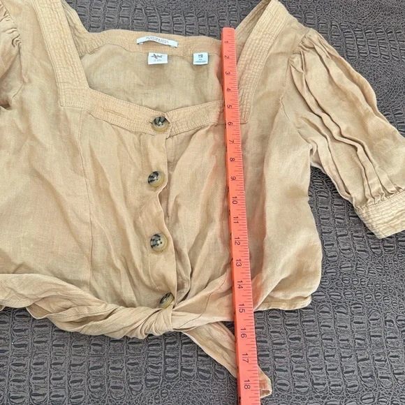 Scotch & Soda Maison Scotch XL tie-front button top puff sleeve tan linen blend - Picture 5 of 8